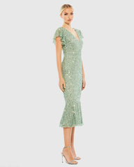 Green Sequined V Neck Flutter Cap Sleeve Trumpet Dress