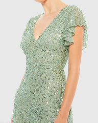 Green Sequined V Neck Flutter Cap Sleeve Trumpet Dress
