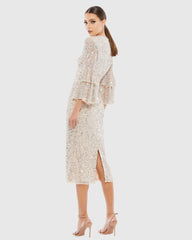 Beige and Silver Fully Sequined Ruffle Tiered 3/4 Sleeve Midi Dress