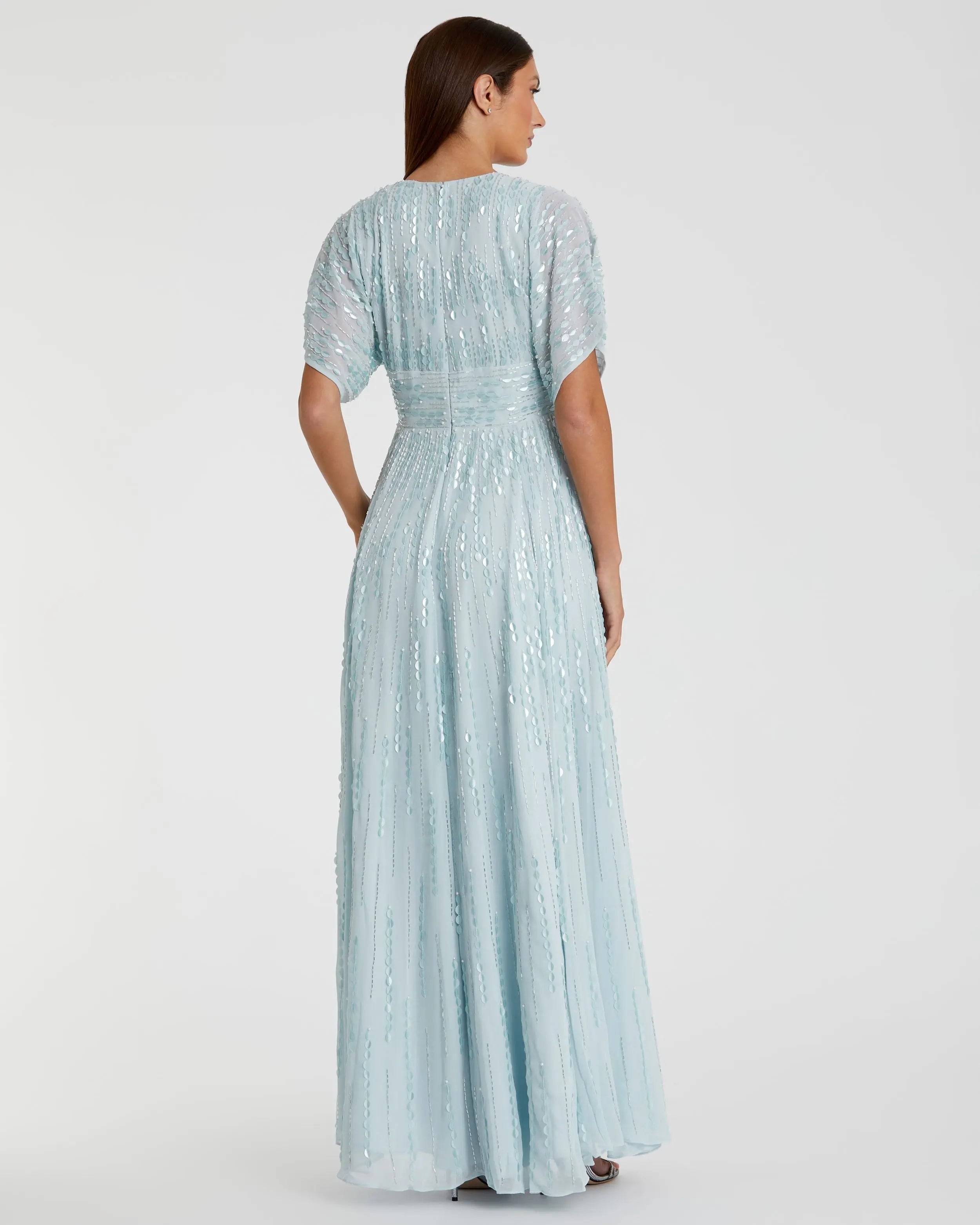Blue Embellished V Neck Evening Gown