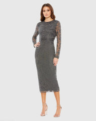Beaded Tea Length Dress w/ Sheer Sleeves