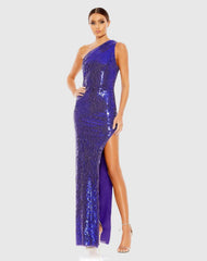 Purple Sequined One Shoulder Asymmetrical Hem Gown