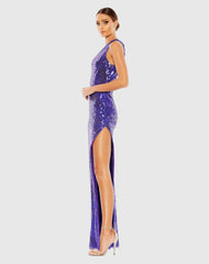 Purple Sequined One Shoulder Asymmetrical Hem Gown