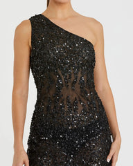 Black One Shoulder Sheer Hand Sequined Mini Dress