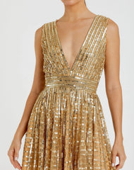 Gold Embellished Sleeveless V Neck A Line Dress