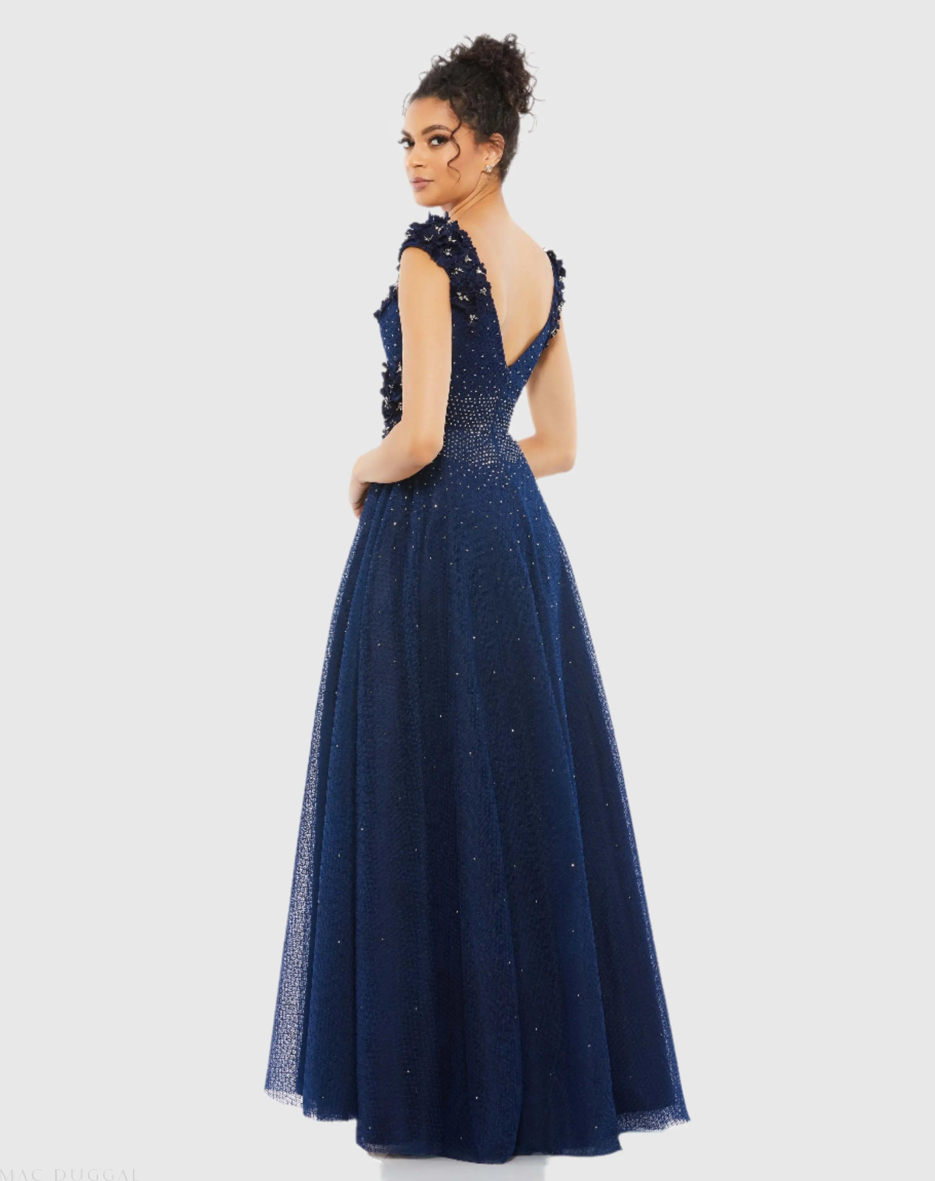 Navy Floral Applique A-Line Evening Gown