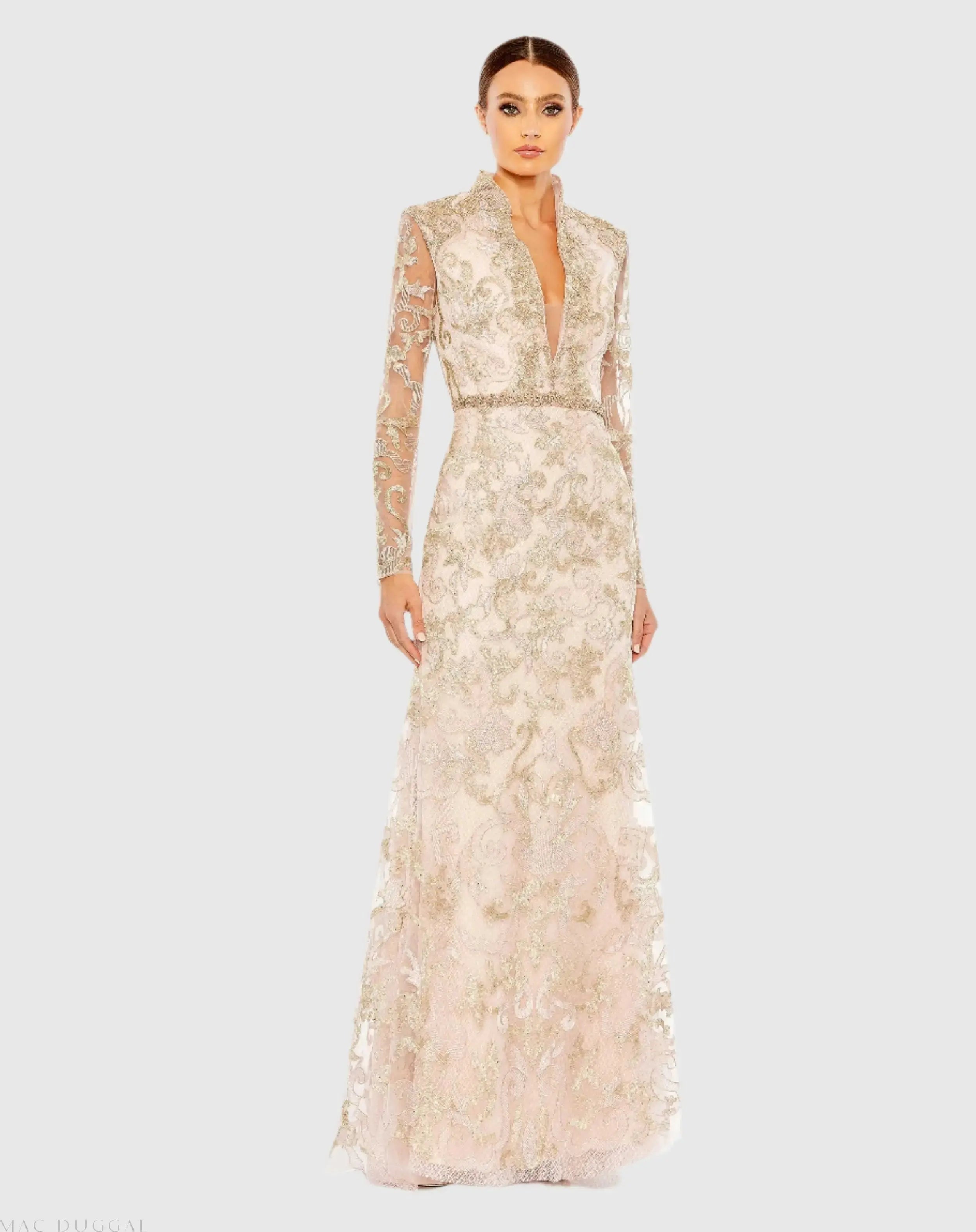 Beaded Queen Anne Lace Long Sleeve V-neck Trumpet Gown