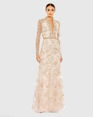 Pink Queen Anne Lace Long Sleeve V-Neck Trumpet  Gown