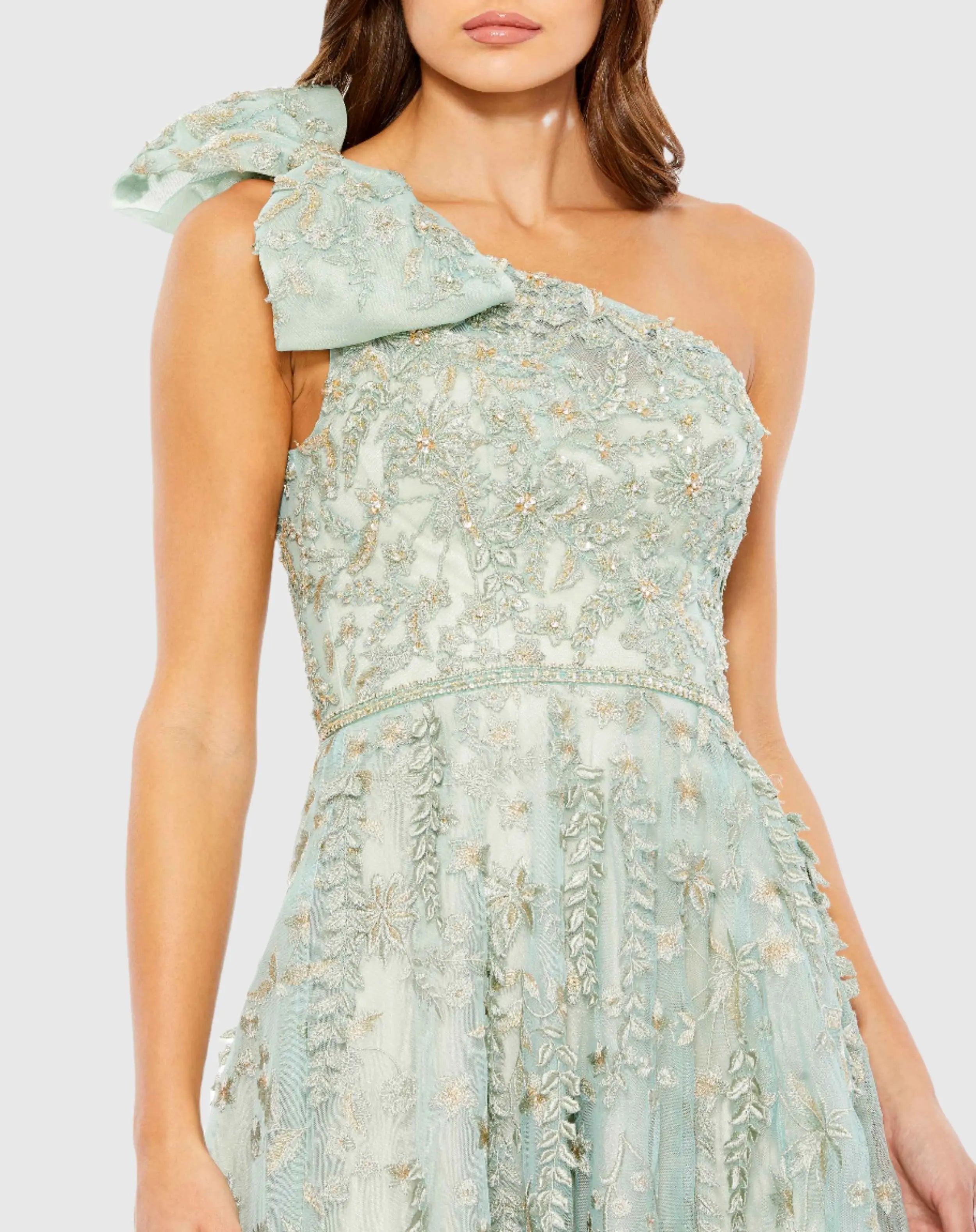 Green Embellished Bow One Shoulder A Line Gown