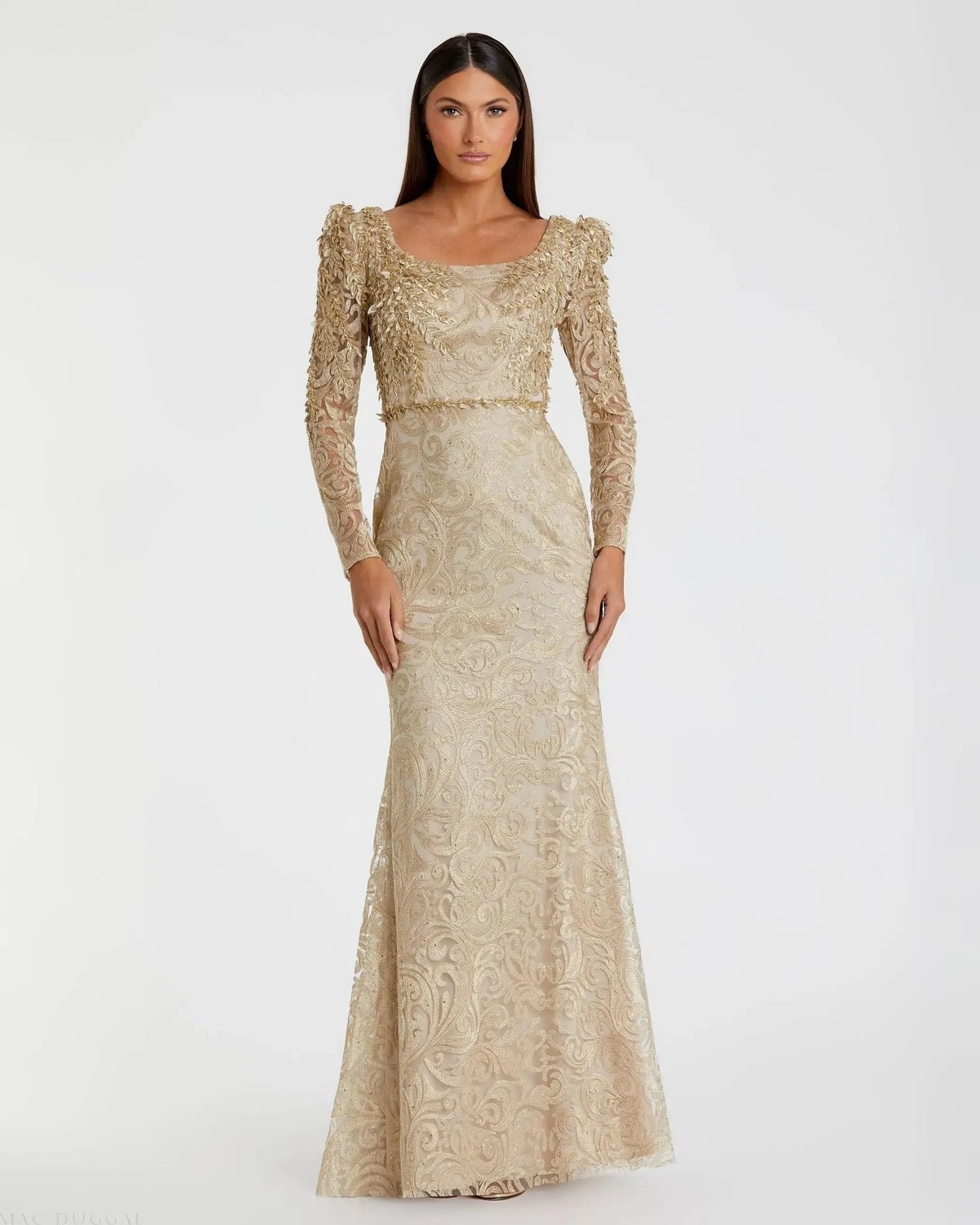 Embroidered Lace Applique Shoulder Detail Trumpet Gown