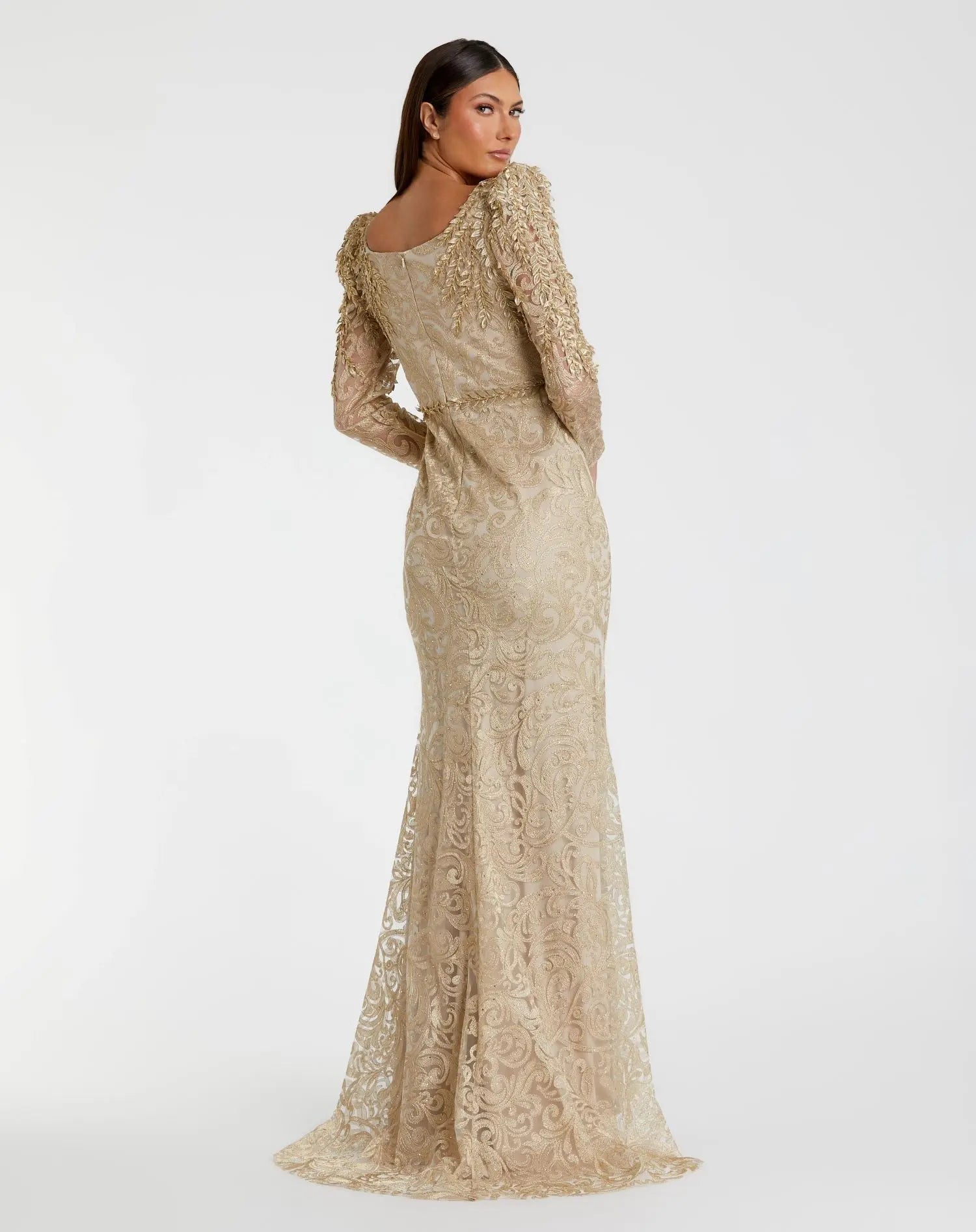 Gold Embroidered Lace Applique Shoulder Detail Trumpet Gown