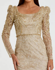 Gold Embroidered Lace Applique Shoulder Detail Trumpet Gown