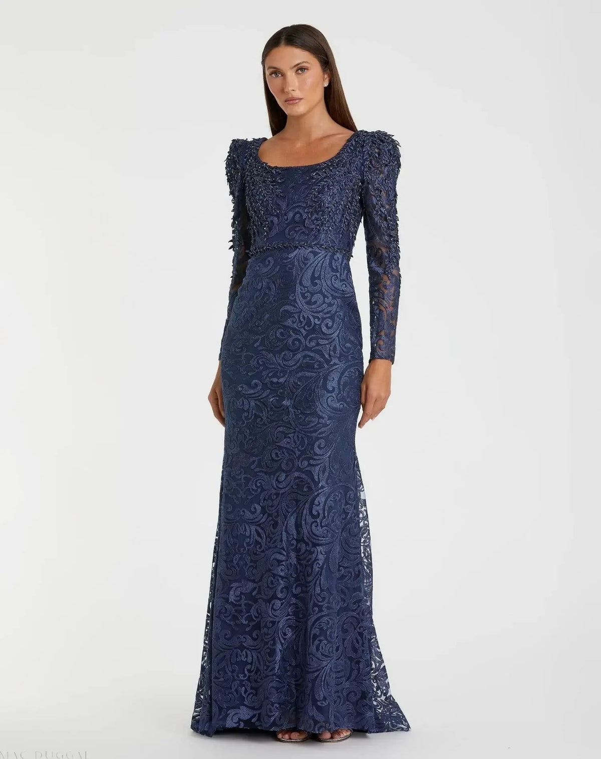 Blue Embroidered Lace Applique Shoulder Detail Trumpet Gown