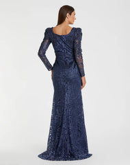 Blue Embroidered Lace Applique Shoulder Detail Trumpet Gown