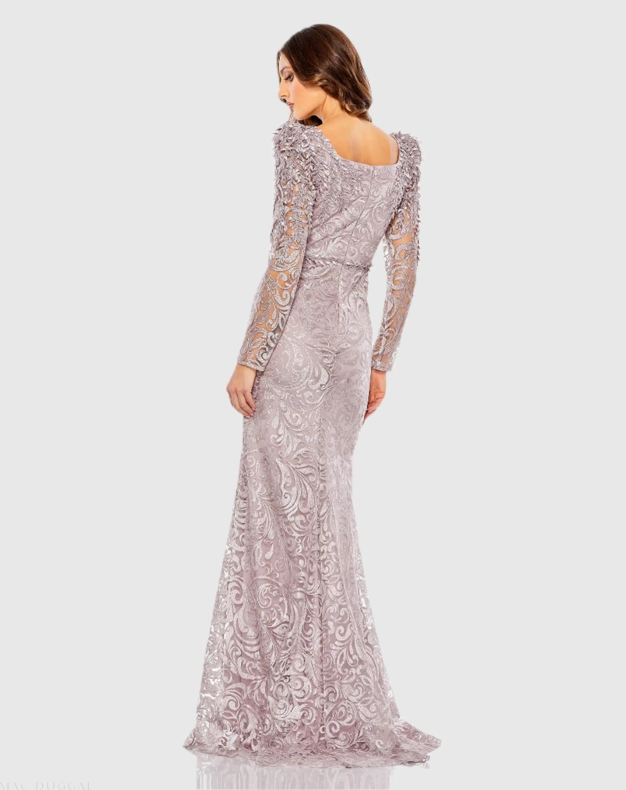 Purple Embroidered Lace Applique Shoulder Detail Trumpet Gown