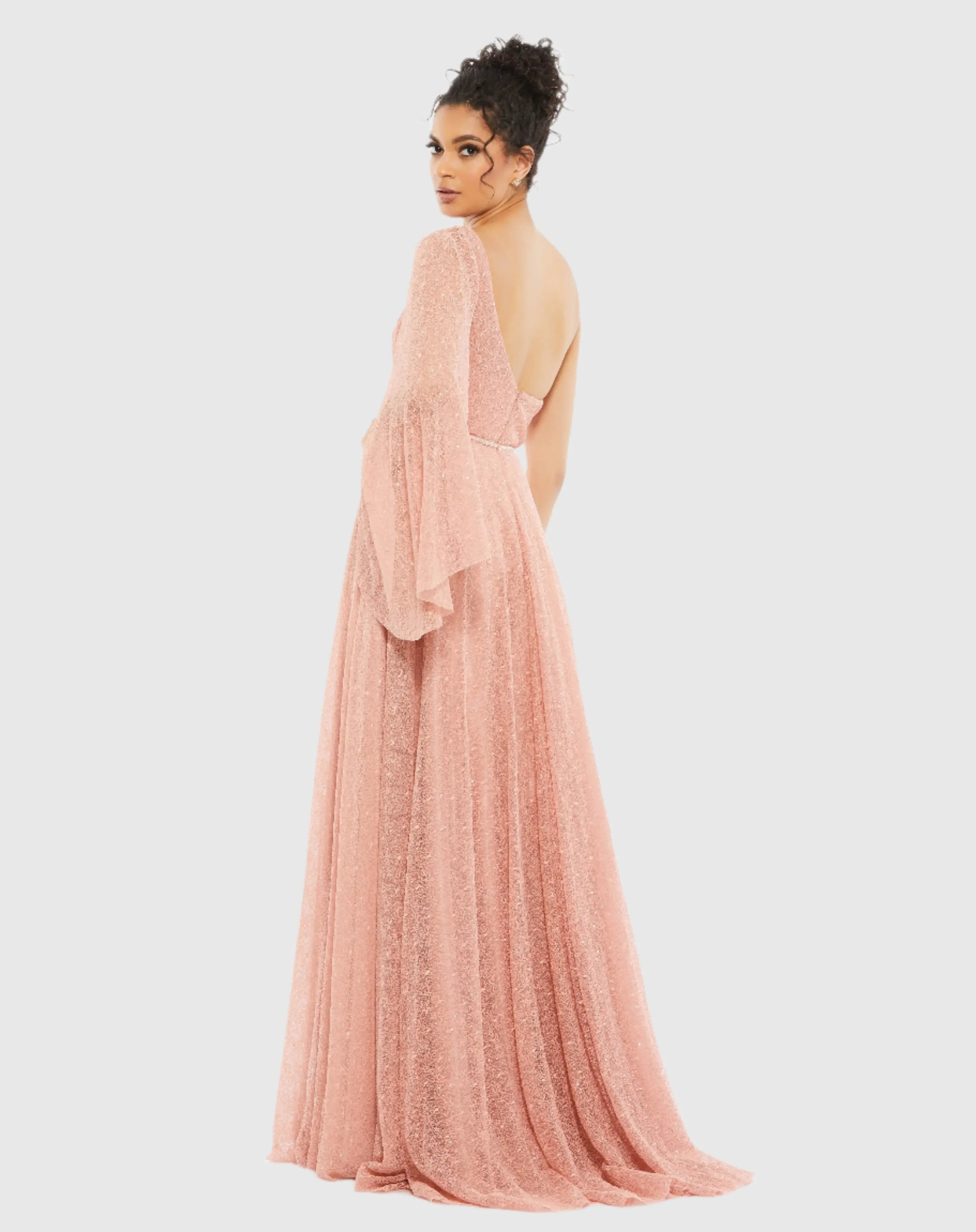 Pink Lace One Shoulder Illusion Sleeve A Line Gown