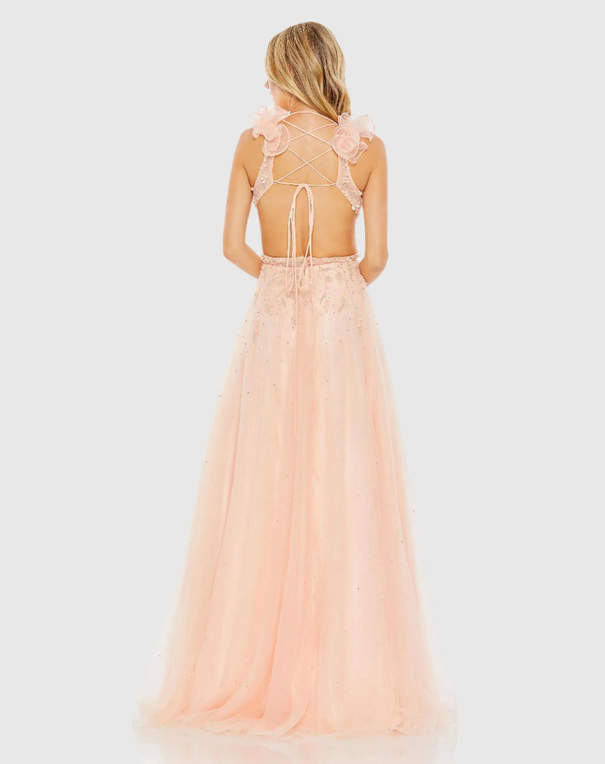 Pink Embellished Ruffle Shoulder Cut Out A Line Gown
