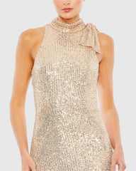 Gold Soft Tie Halter Neck Sequin Gown