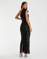 Black Sequined Bow One Shoulder Column Gown