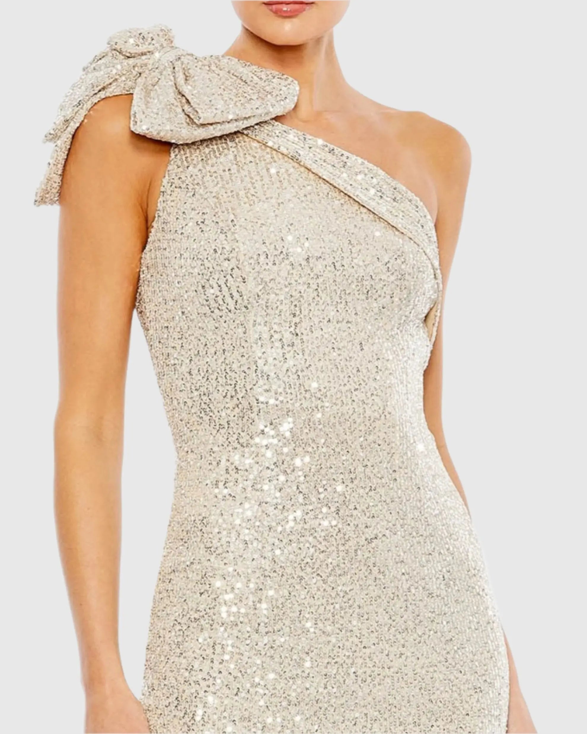 Beige Sequined Bow One Shoulder Column Gown