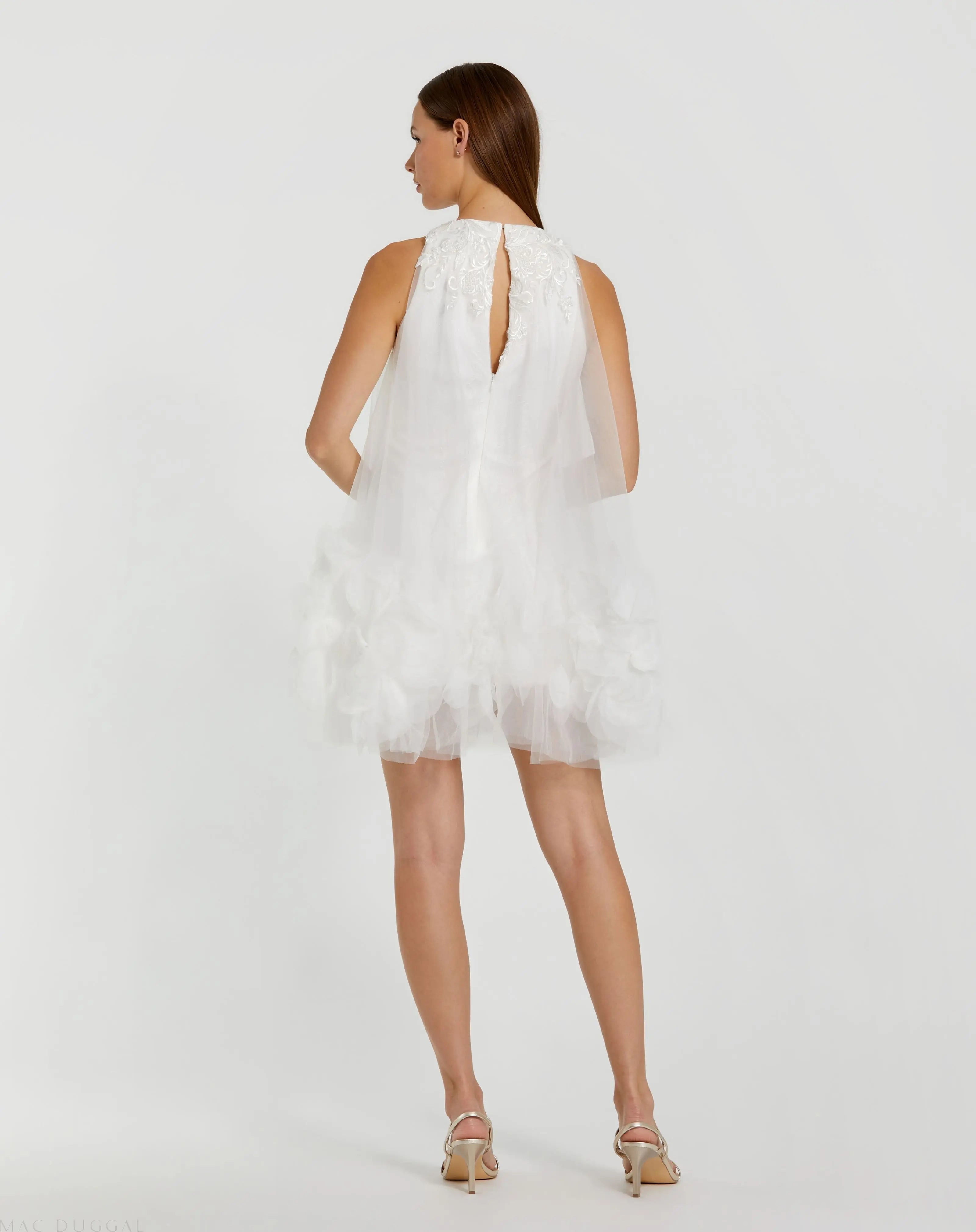 White Halter Neck Flowy Petal A Line Mini Dress