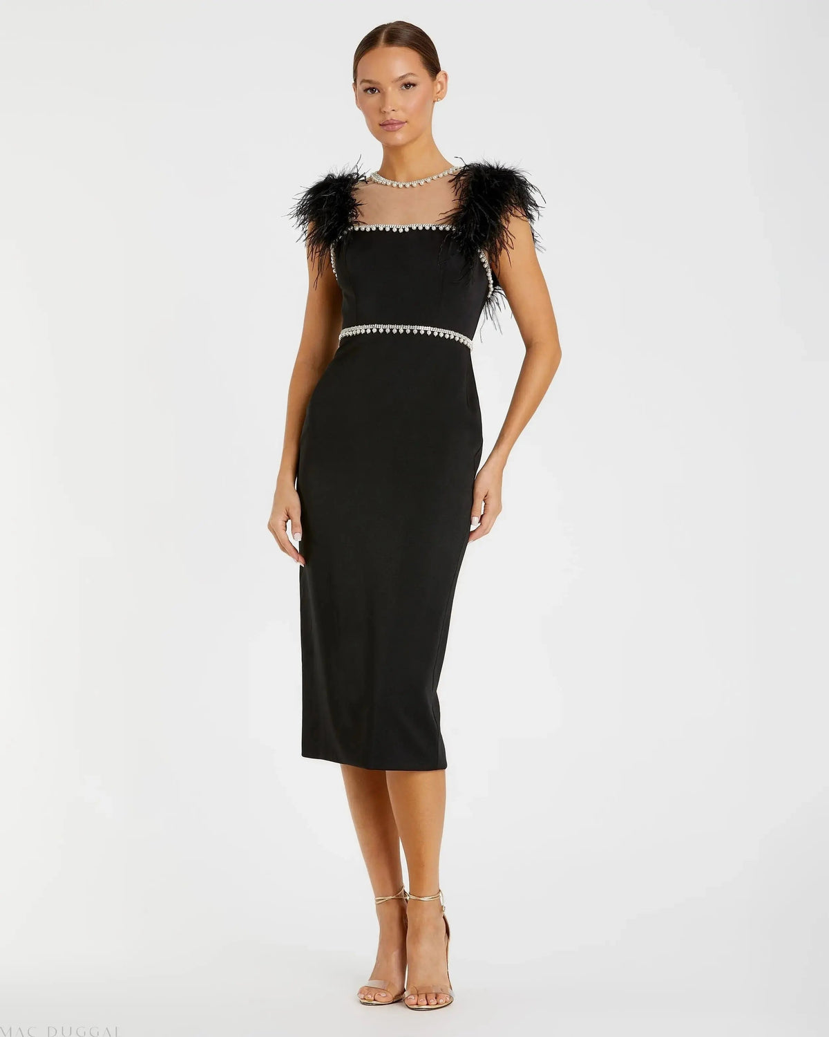 Black Feather Cap Sleeve Pearl Embellished Tea-length Dress