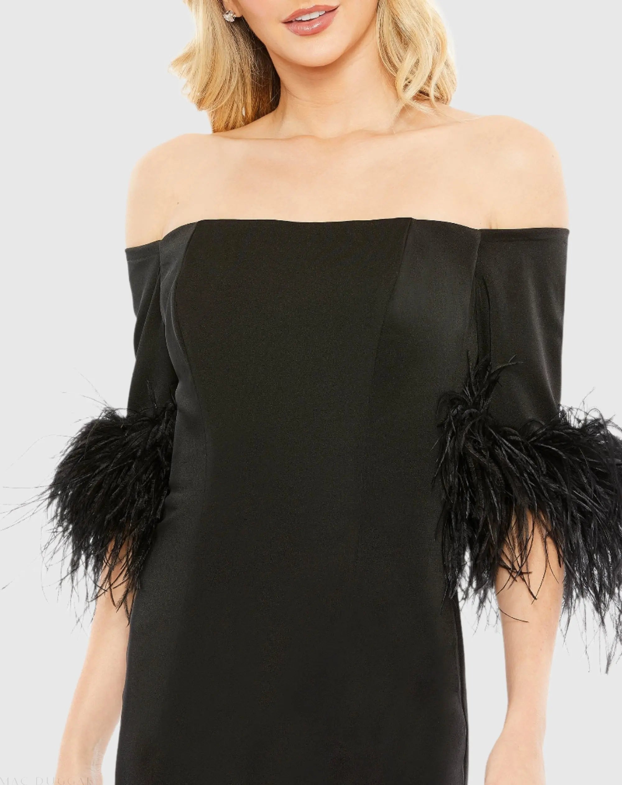 Black Feather Trim Off The Shoulder Column Gown