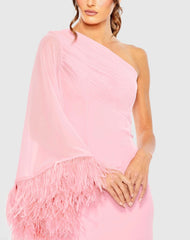 Pink Feather Cuff One Shoulder Ruched Gown
