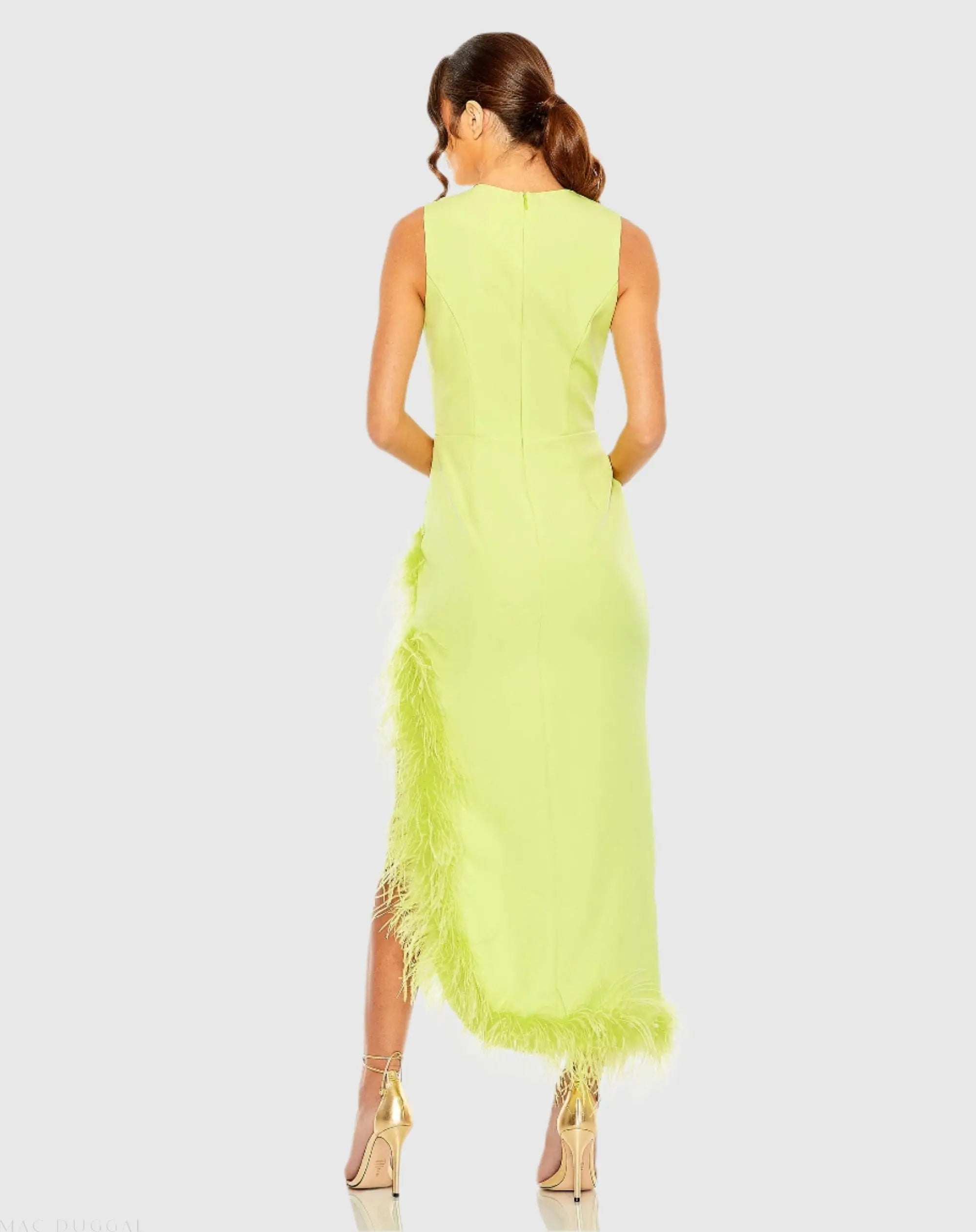 Green Ruched High-Low Sheath Dress with Feather Trim