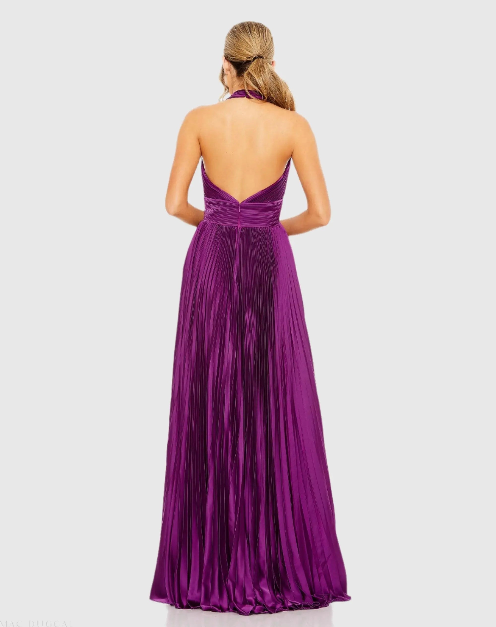 Purple Pleated Halter Neck Gown with Center Bow