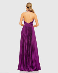 Purple Pleated Halter Neck Gown with Center Bow