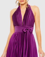 Purple Pleated Halter Neck Gown with Center Bow