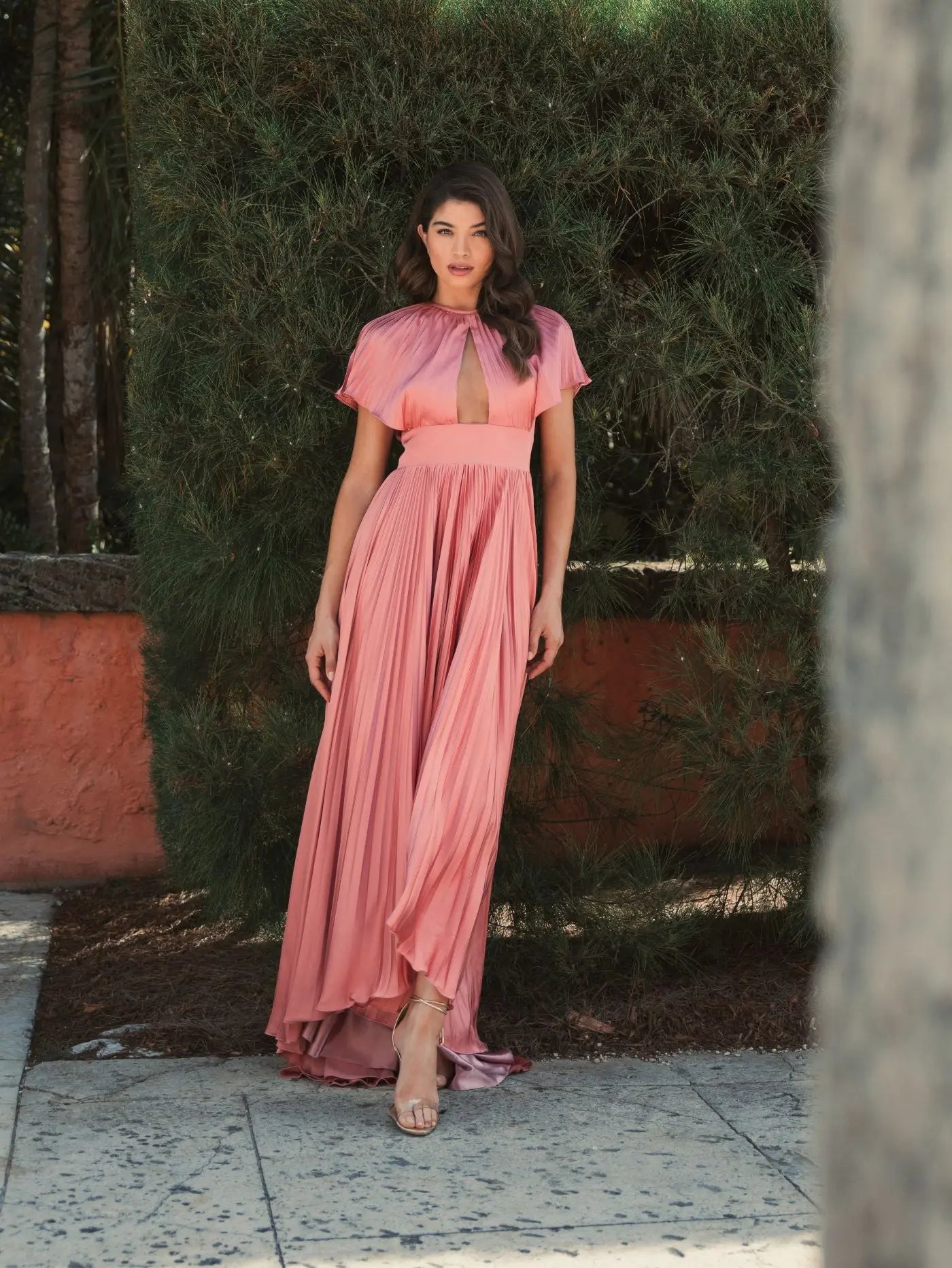 Pink Front Cutout High Low Pleated Gown
