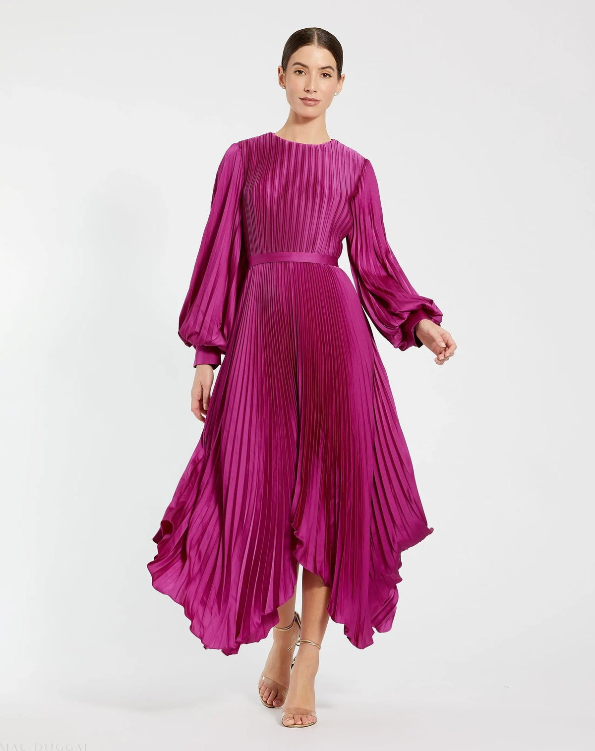 Purple Long Sleeve Pleated Charmeuse Handkerchief Dress