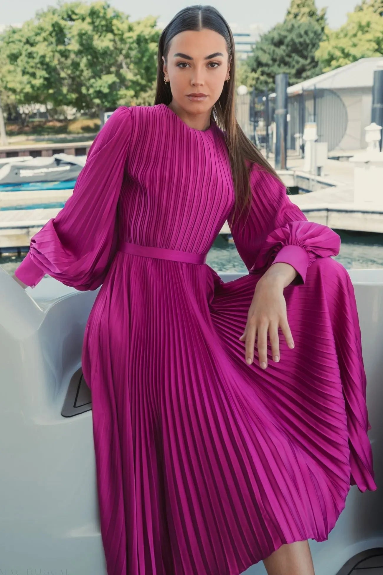 Purple Long Sleeve Pleated Charmeuse Handkerchief Dress