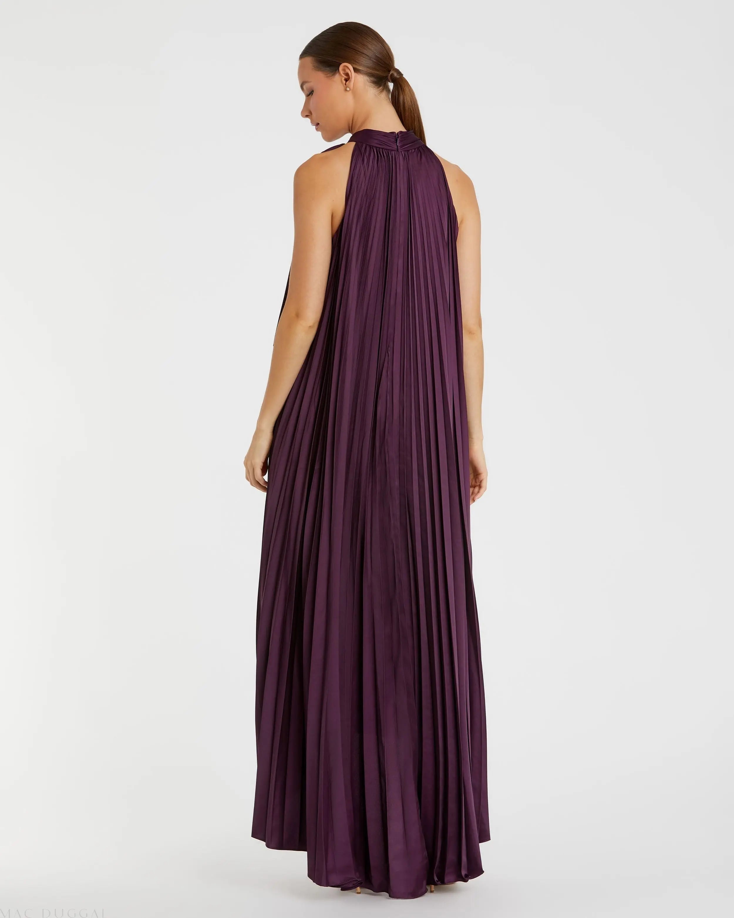 Purple Pleated Halter Neck High Low Gown