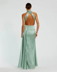 Green Open Back High Neck Side Ruched Gown