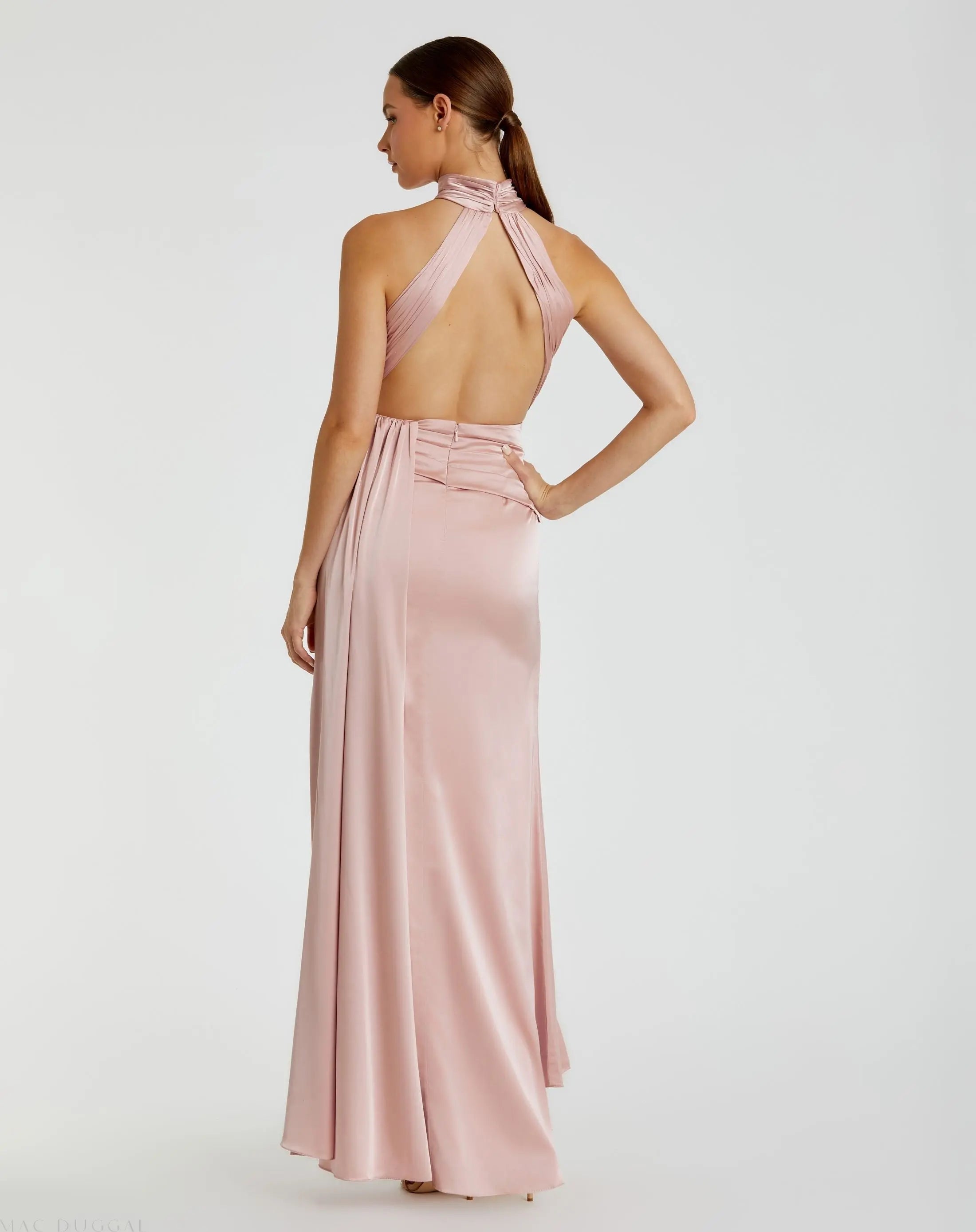 Pink Open Back High Neck Side Ruched Gown