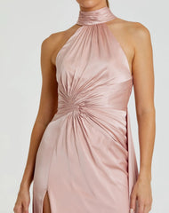Pink Open Back High Neck Side Ruched Gown