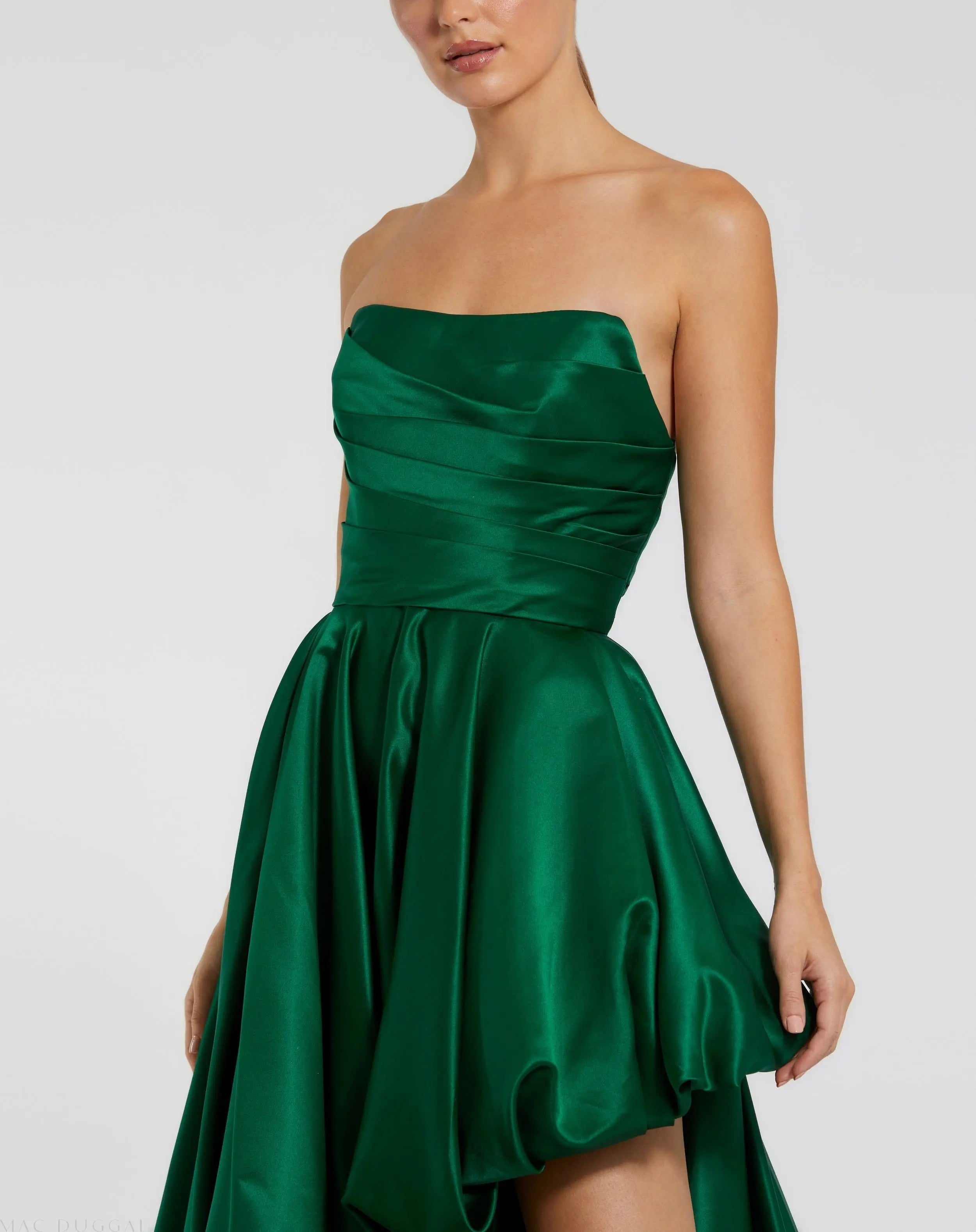 Green Strapless Ruched High Low Gown