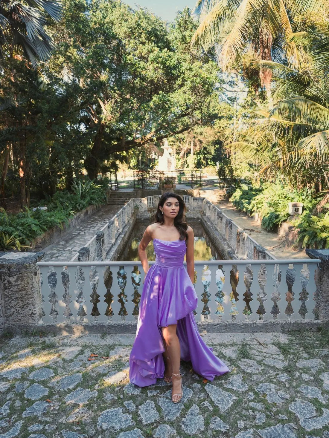 Purple Strapless Ruched High Low Gown