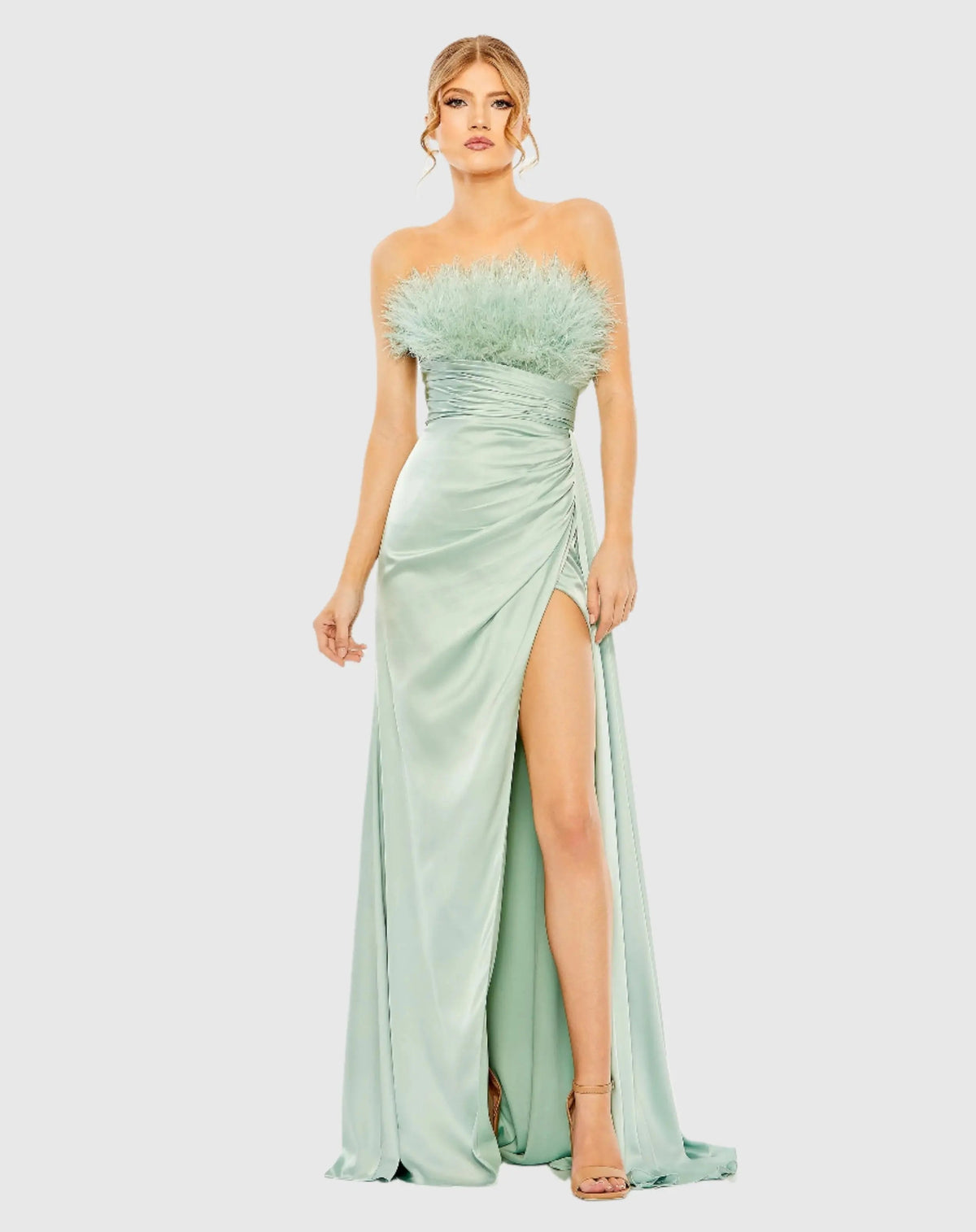 Green Strapless Feather Detail Satin Gown