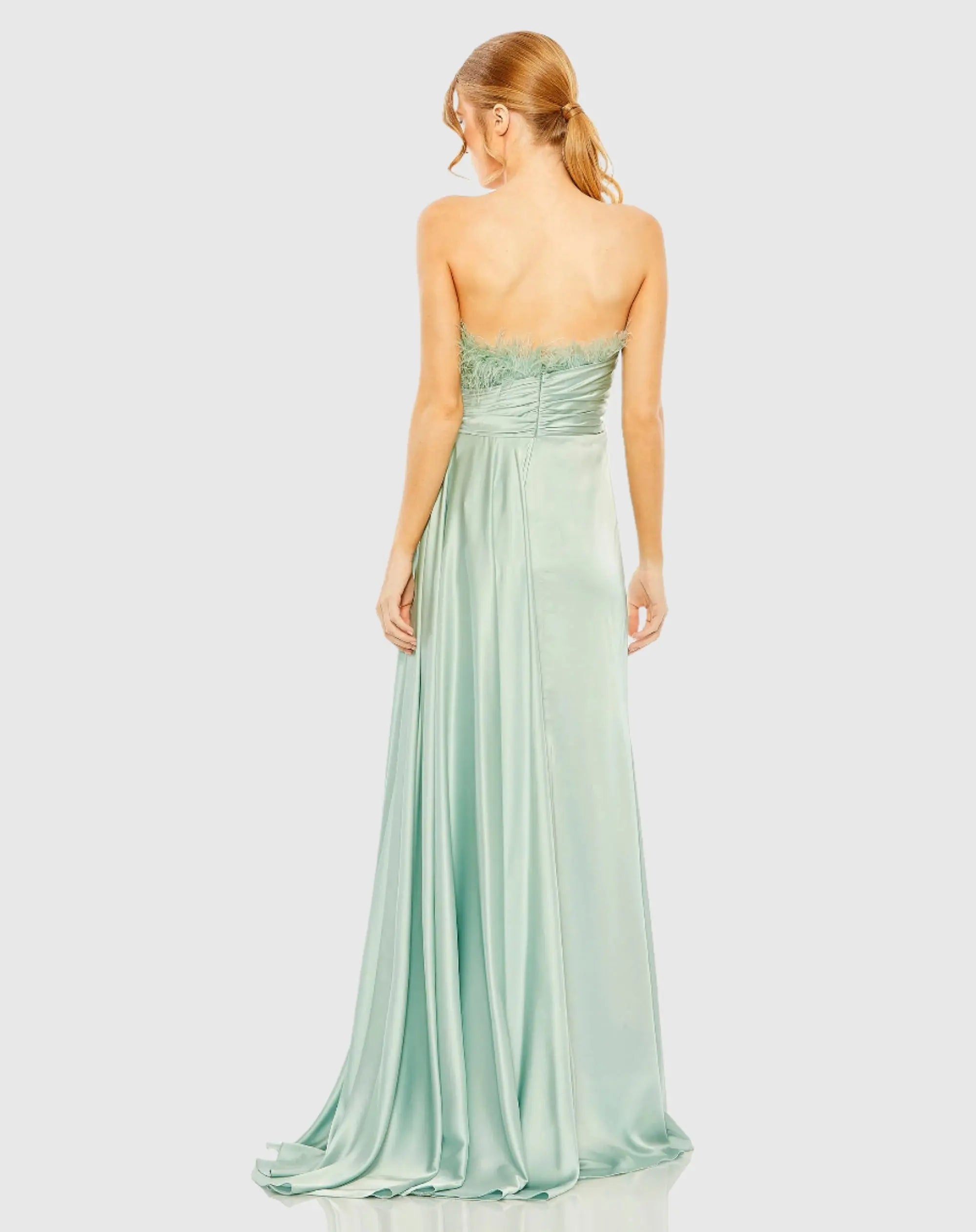 Green Strapless Feather Detail Satin Gown