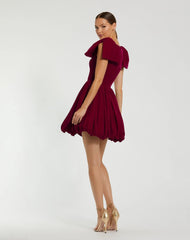 Red Shoulder Bow Velvet Bubble Mini Dress