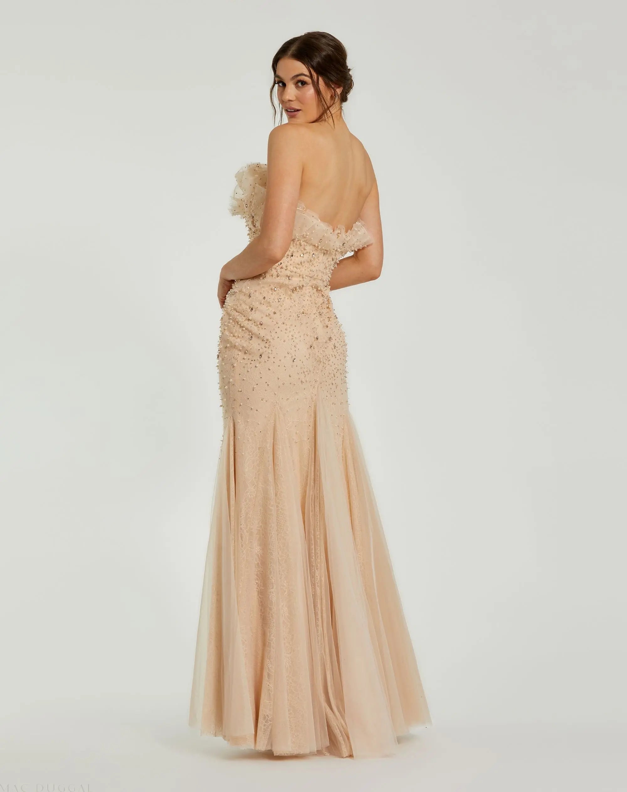 Beige Strapless Embellished Tulle Mermaid Gown