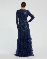 Navy Disc Embellished Sequin Gown with Feather Detail