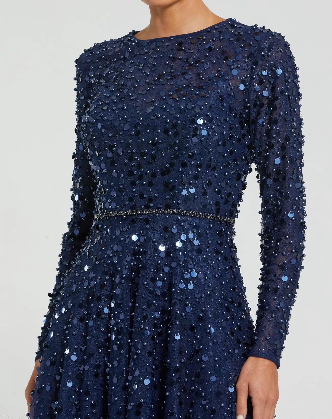 Navy Disc Embellished Sequin Gown with Feather Detail
