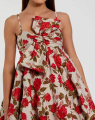 Multicolor Brocade Bubble Skirt Mini Dress with Bow