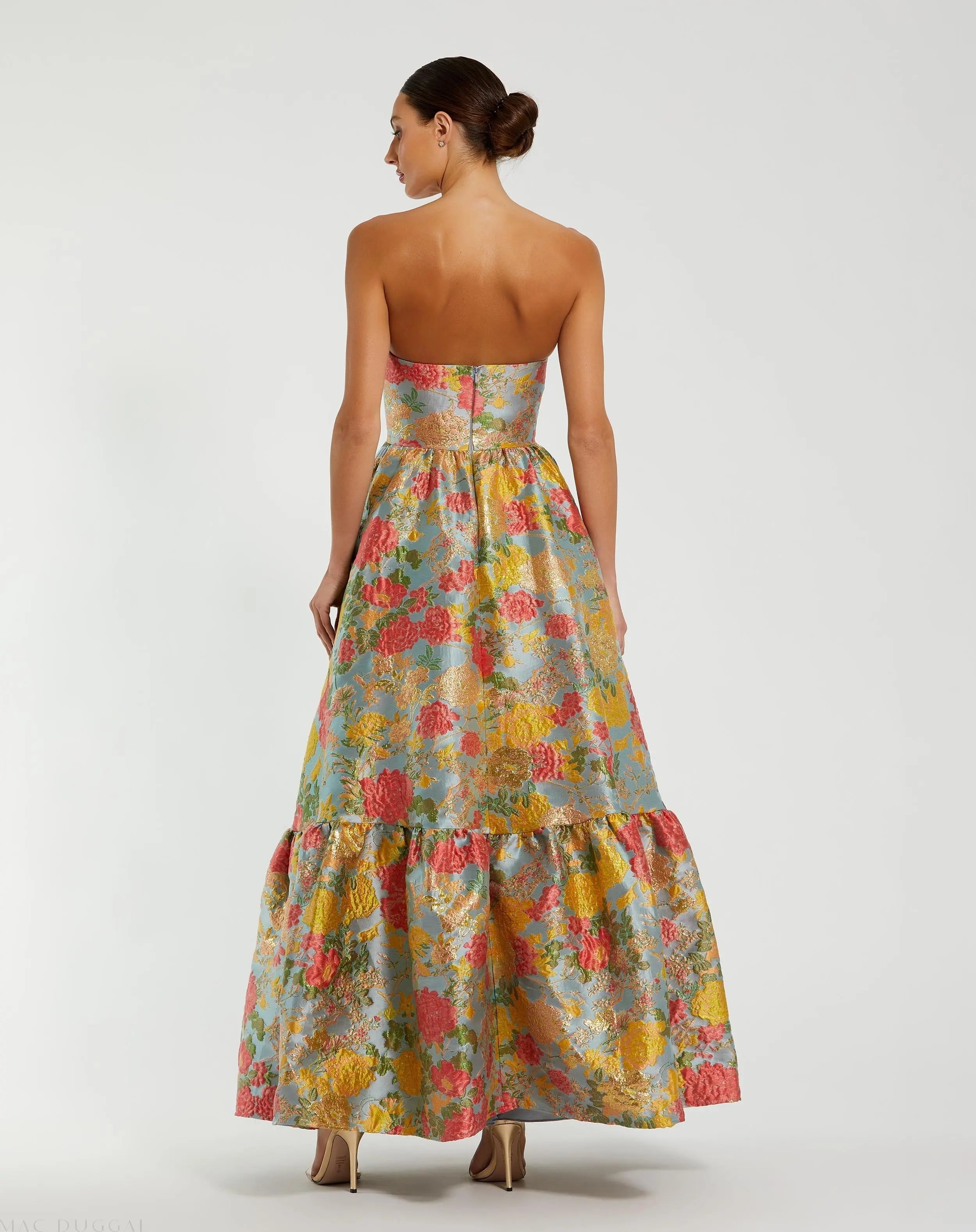 Multicolor Strapless Floral Brocade Dress with Ruffles
