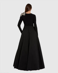 Black Long Sleeve Taffeta Ballgown with 3D Rhinestone Flower